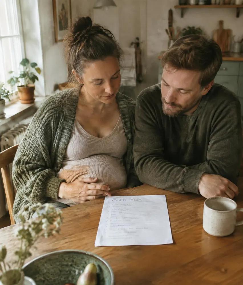 Pregnant woman and partner reviewing a birth plan at a kitchen table