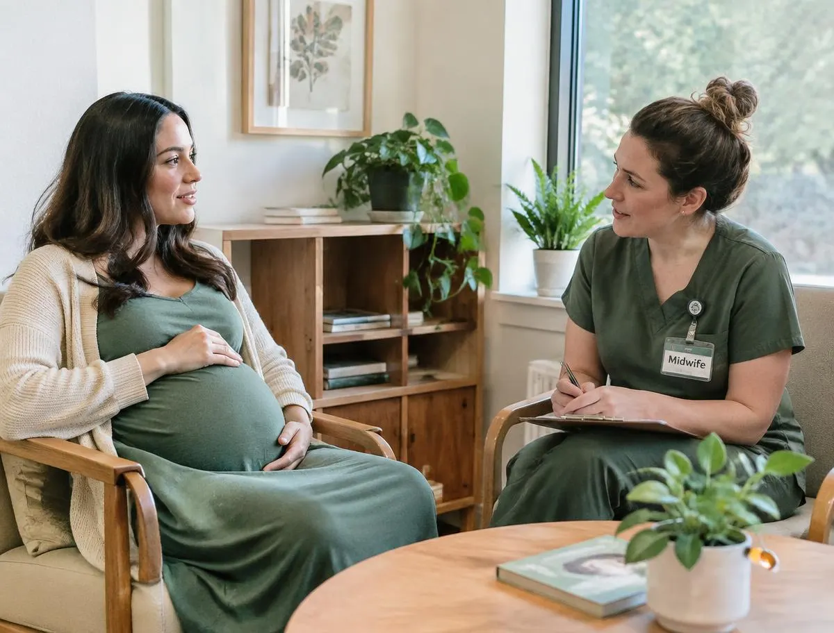 Pregnant woman in conversation with a midwife in a bright consultation room