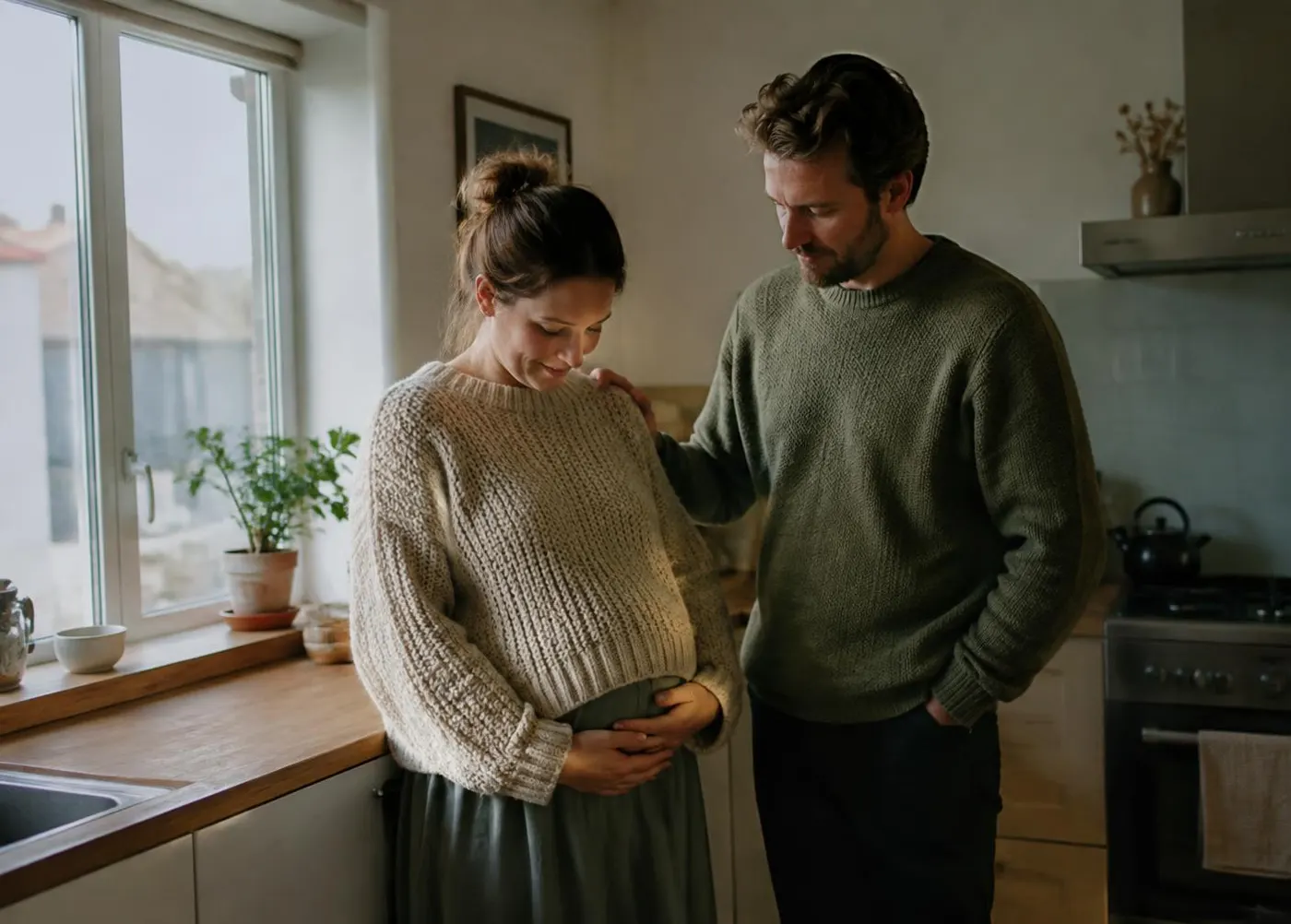 Partner resting a reassuring hand on a pregnant woman's shoulder in a kitchen